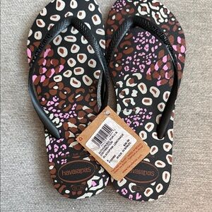 Havaianas Leopard Print Flip Flops in Black, Brown & Pink
